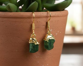 Raw Emerald Gemstone Earrings, Natural Dark Green Drop Dangle Brass Jewelry