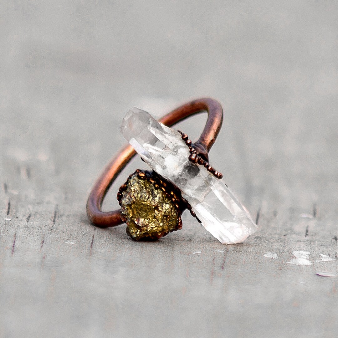 Natural Pyrite & Crystal Pencil Ring \ Gemstone Ring \ Womens Ring ...