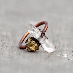 Natural Pyrite & Crystal Pencil Ring \ Gemstone Ring \ Womens Ring \ Dainty Ring \ Rings For Women \ Vintage Ring \ Electroforming Ring