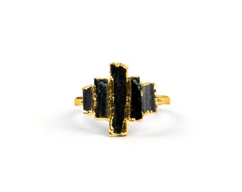Natural Black Pencil Tourmaline Ring \ Raw Gemstone Ring \ 5 Stone Ring \ Wedding Ring \ Girlfriend Ring \ Statement Ring \ Multi Stone Ring