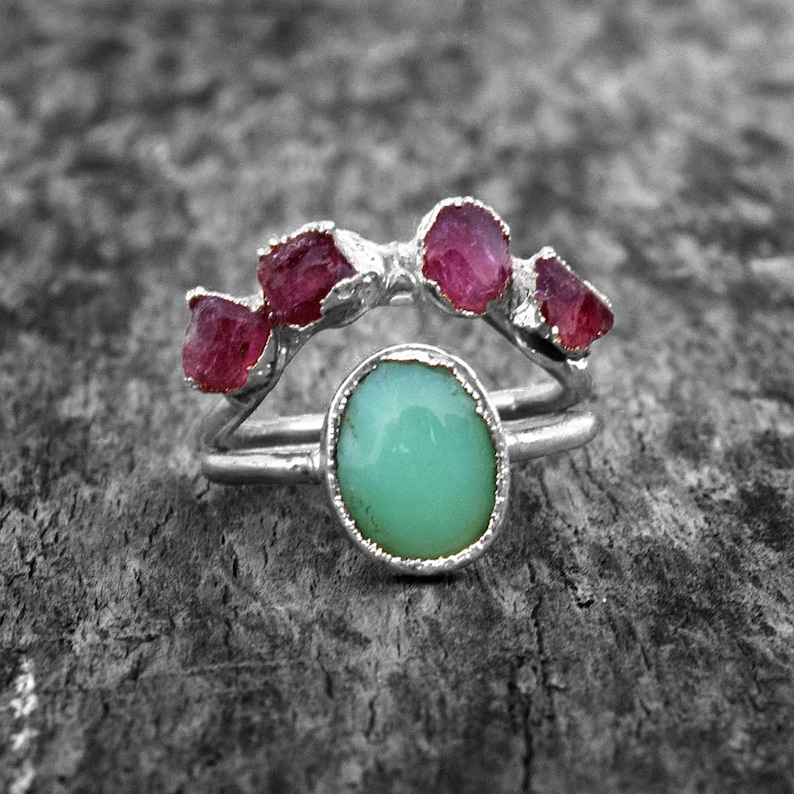 Natural Chalcedony & Ruby Gemstone ring Boho Rings Double Band Ring Antique Rings Birthstone Ring Wedding Ring Statement Ring Silver Polish