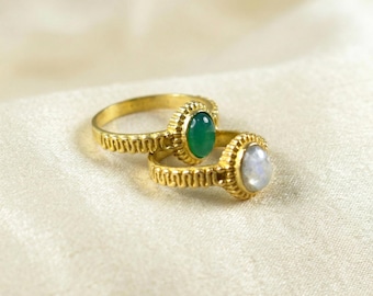 Green Onyx Moonstone Ring • Wavy Textured Copper Band • Boho Hippie Jewelry