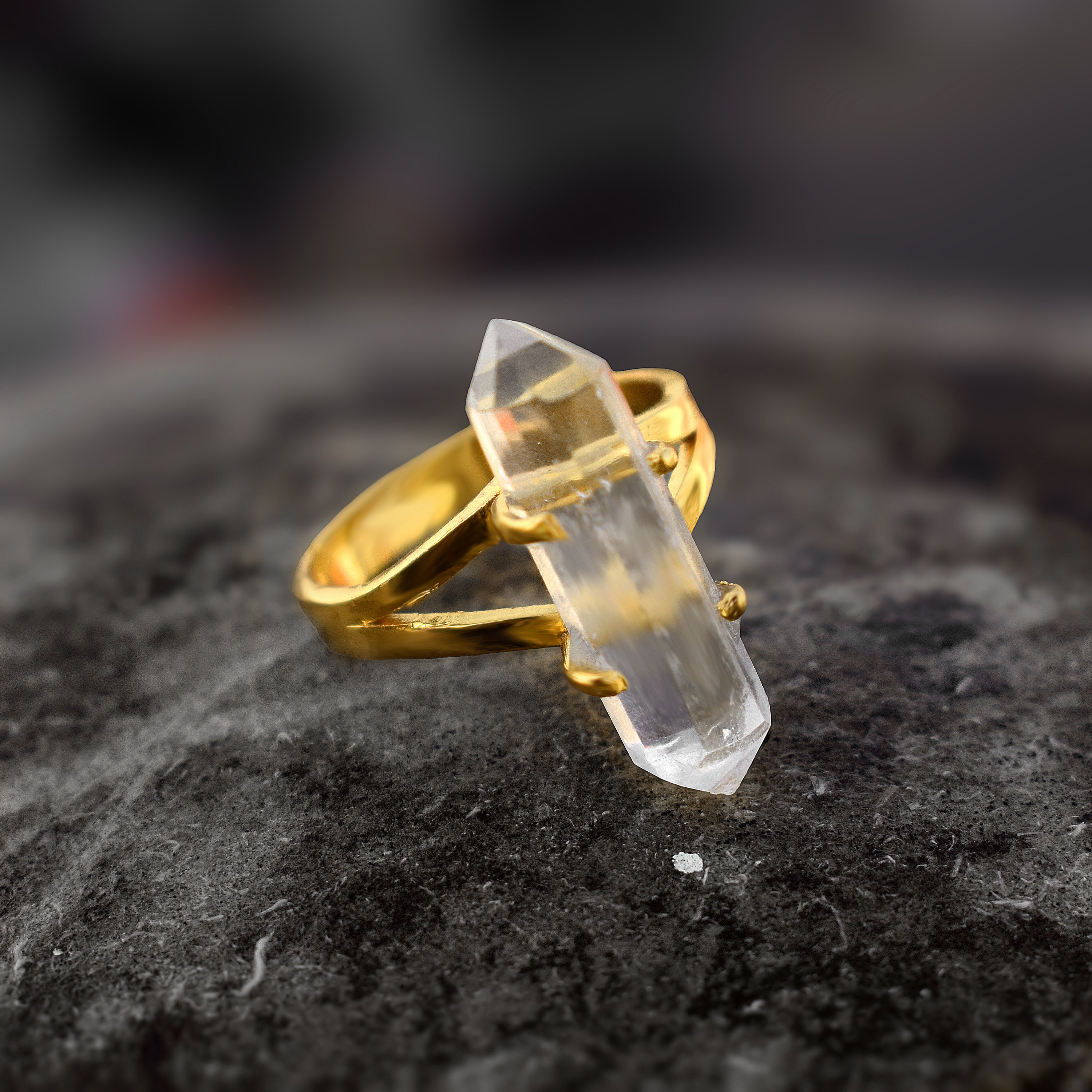 Natural Crystal Pencil Gemstone Ring Gold Plated Ring Clear