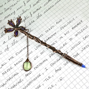 Natural Amethyst Flower Design Pen \ Luxury Pen \ Copper Antique Pen \ Ballpoint Pens \ Expensive Pens \ Gemstone Chain Pen \ Office Pens