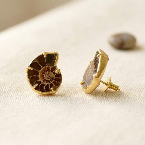 Natural Ammonite Stud Earrings - Push Back Studs - Gift For Her - Wedding Jewelry - Handmade Earrings