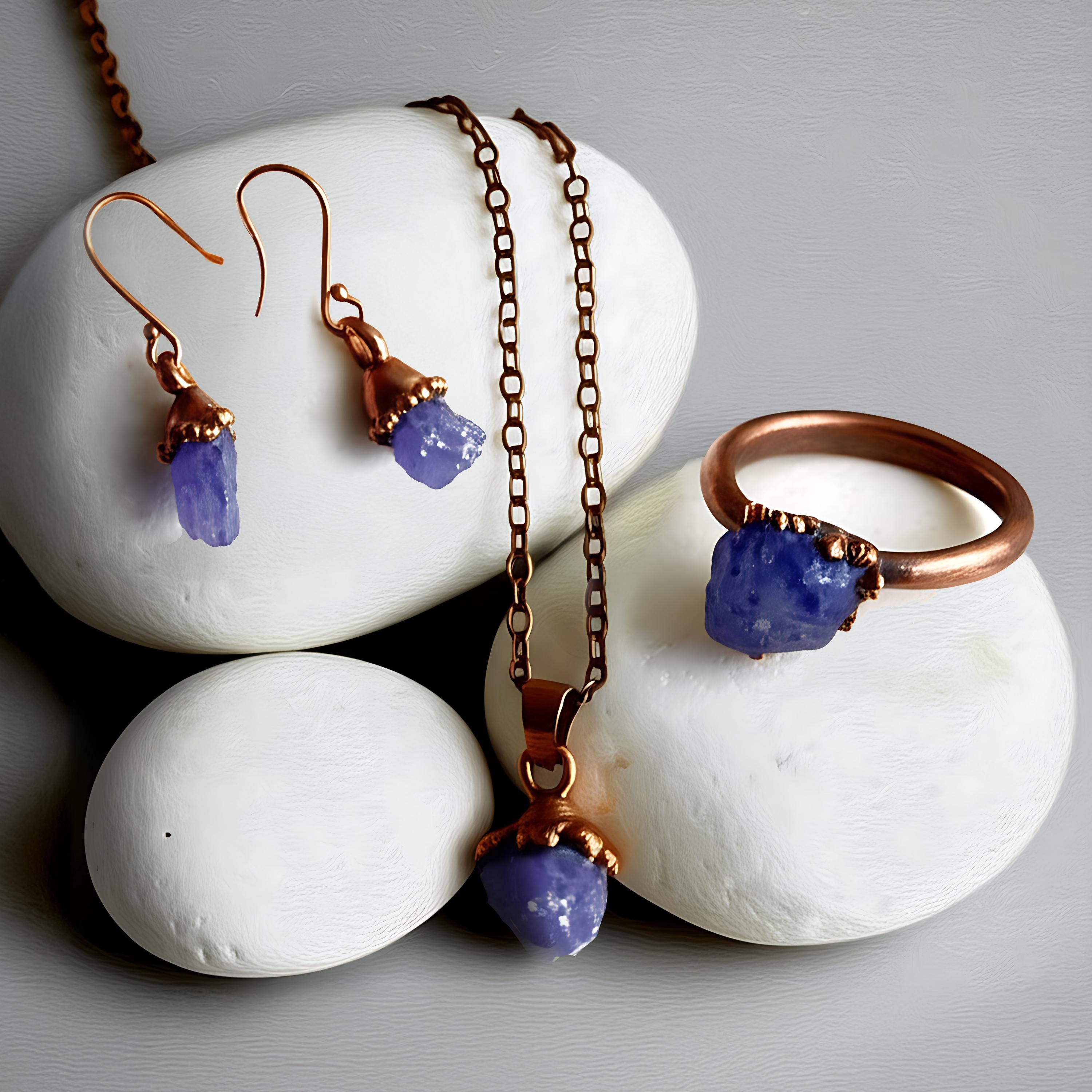 Handmade Tanzanite Jewelry Set - Raw Crystal Necklace, Earrings, Ring (December Birthstone)