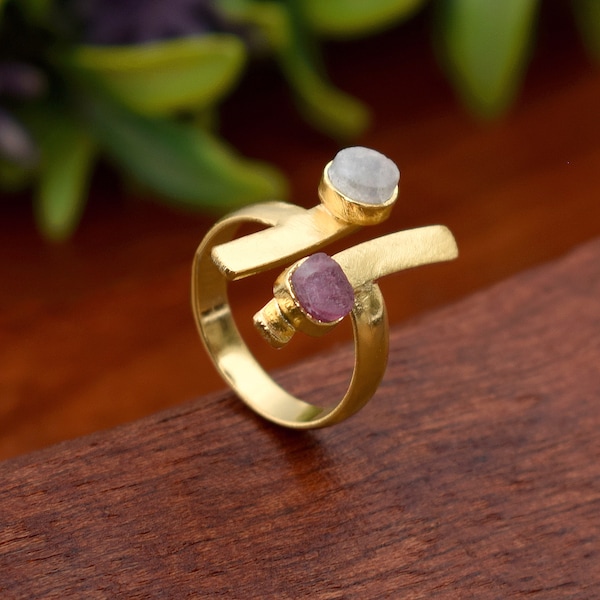 Natural Red Ruby And Moonstone Ring \ Brass Ring \ Multi Stone Ring \ Handmade Jewelry \ Raw Stone Ring \ Rings For Women \ H Letter Ring