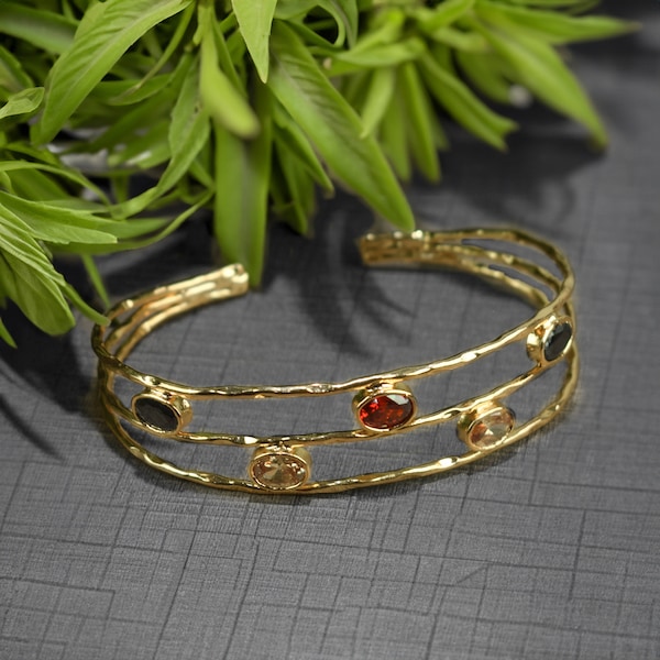 Multicolor CZ Gemstone Bangle / Dainty Gold Bracelet Cuff / Fashionable Delicate Bracelet Zirconia Pave Bracelet / Adjustable Bracelet