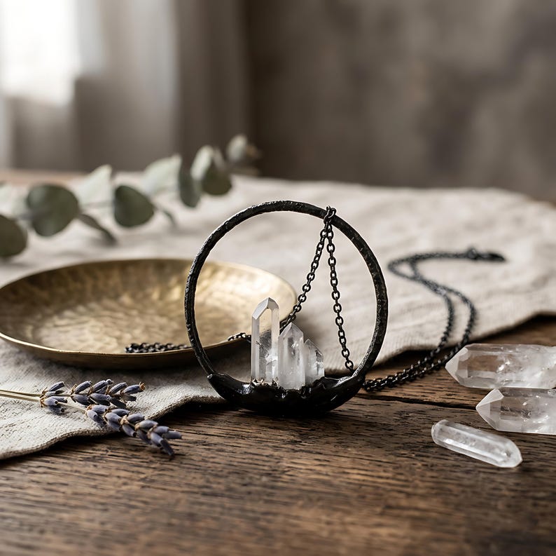Natuurlijke kristallen edelsteen hanger ketting | Zwart geoxideerd koper, boho afbeelding 3