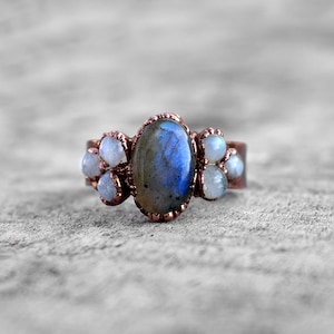 Natural Labradorite & Moonstone Ring \ Gemstone Ring  \ Rings For Women \ Wedding Ring \ Handmade Jewelry \ Minimalist Ring \ Statement Ring