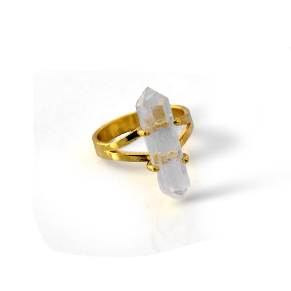 天然クリスタルペンシルジェムストーンリング \ ゴールドメッキリング 