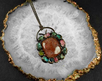 Sun Stone Tourmaline Lady Bug Pendant Necklace – Copper Plated, Minimalist Jewelry