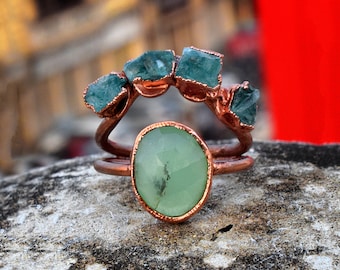 Chalcedony Aquamarine Copper Ring, Handmade Double Band Gemstone Ring