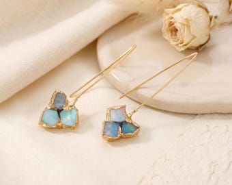 Raw Fire Opal Earrings – Dangle Hook Gemstone Jewelry - Minimalist Wire Earrings - Gift For Her