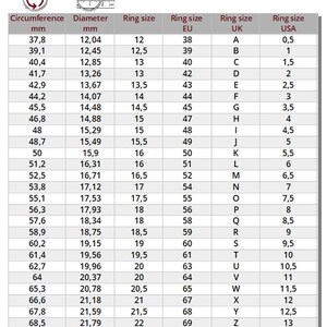 May include: A chart showing ring sizes in millimeters, US, UK, and EU sizes. The chart includes circumference, diameter, and ring size in each measurement system.