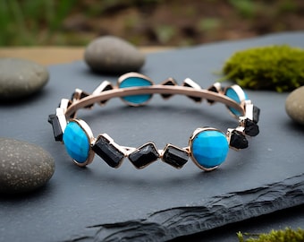 Bracelete de Turquesa Bruta e Turmalina – Pulseira Boho com Pedras Preciosas (Latão)