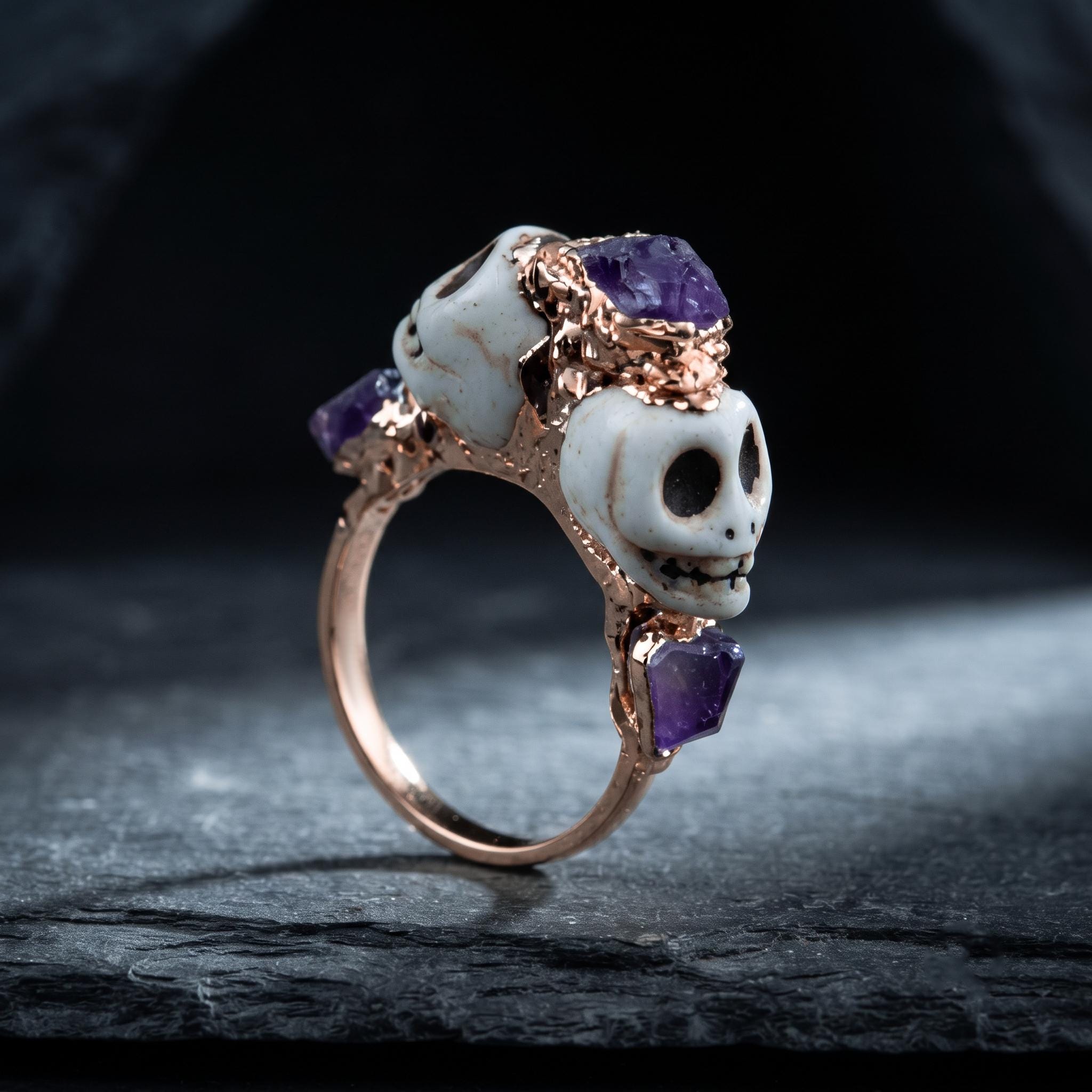 Purple Amethyst Skull Ring - Horror Stackable Ring - Rough Stone