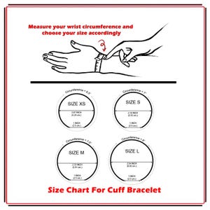 May include: Size chart for cuff bracelets, showing wrist circumference measurements in inches and centimetres for sizes XS, S, M, and L.