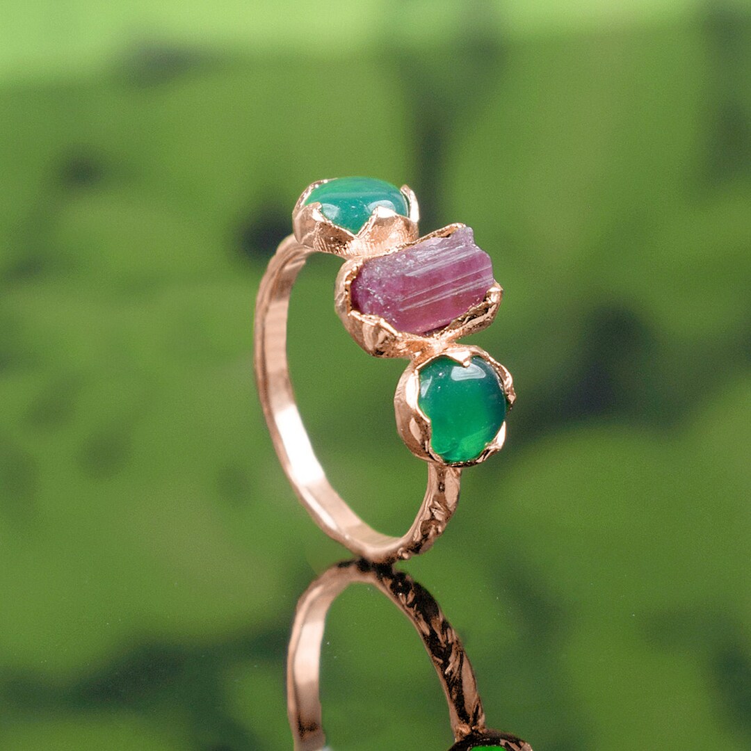 Natural Multi Gemstone Stackable Ring Tourmaline Ring Green Onyx Ring