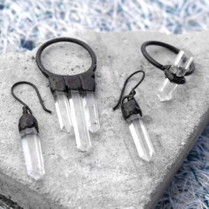 3-delige kristallen sieradenset | Koperen hanger, oorbellen, ring