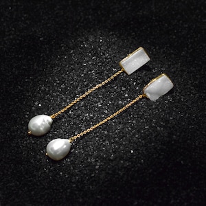 Puede incluir: Un par de pendientes de oro con gotas de perlas blancas y acentos de piedra blanca rectangulares.