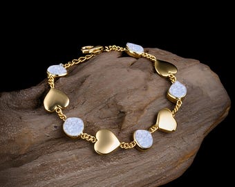 Natural White Druzy Gemstone Bracelet - Heart Bracelet - Chain Bracelet - Handmade Bracelet - Love Charm Bracelet - Gift For Girlfriend