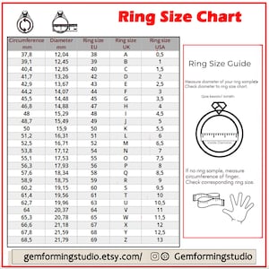 Pode incluir: Tabela de tamanhos de an&eacute;is com medidas em mil&iacute;metros e polegadas. A tabela mostra a circunfer&ecirc;ncia e o di&acirc;metro de um anel em mil&iacute;metros, os tamanhos de an&eacute;is europeus, brit&acirc;nicos e americanos correspondentes, e um guia para medir o tamanho do anel.
