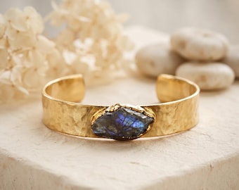 Pulseira de Labradorita Bruta Natural - Presente para Ela - Bracelete com Pedras Preciosas - Bracelete Aberto com Cristais