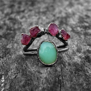 Natural Chalcedony & Ruby Gemstone ring Boho Rings Double Band Ring Antique Rings Birthstone Ring Wedding Ring Statement Ring Black Polish