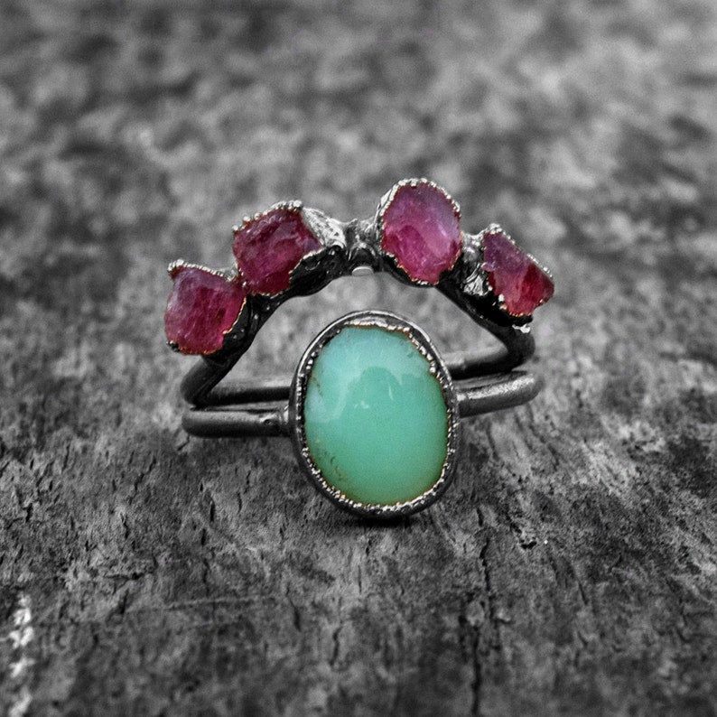 Natural Chalcedony & Ruby Gemstone ring Boho Rings Double Band Ring Antique Rings Birthstone Ring Wedding Ring Statement Ring Black Polish