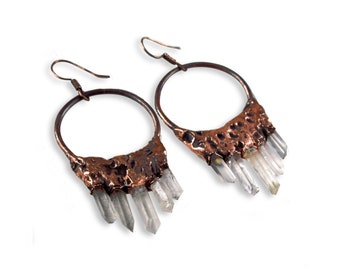Large Crystal Quartz Drop Earrings - Brass Earring - Oxidized Earring - Pencil Earrings - Boho Earrings - Dangle Earrings \ Antique Earrings