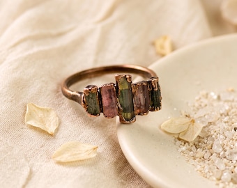 Raw Multi Tourmaline Ring - Gemstone Ring - Electroformed Band -  Handmade Stackable Jewelry - Rings For Women