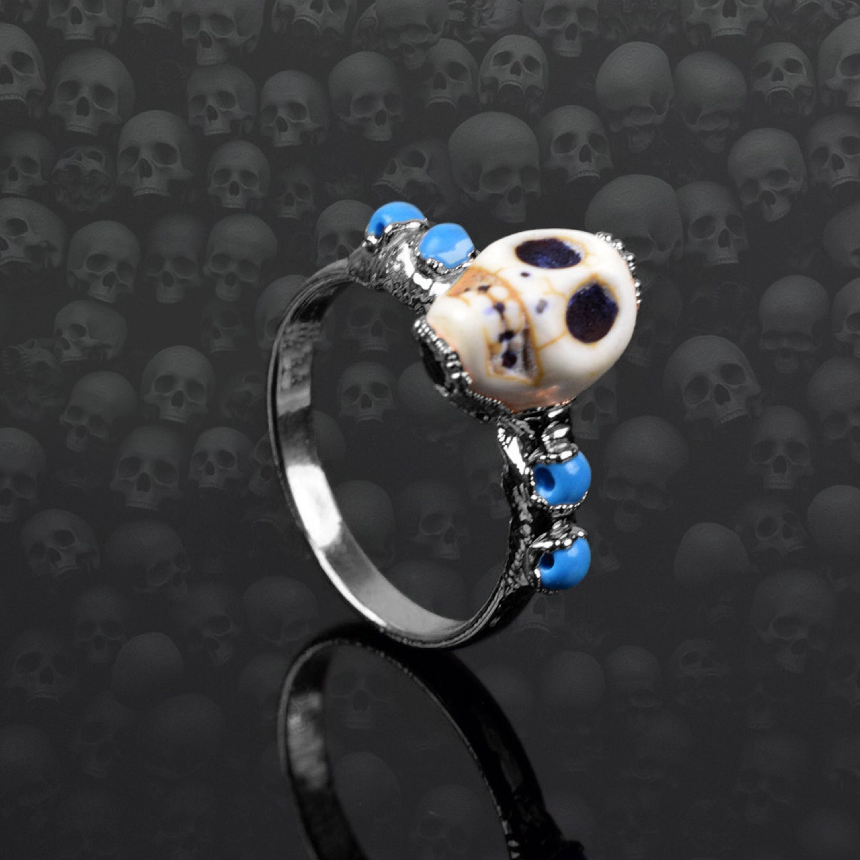 Natural Turquoise Skull Ring  Beads Ring  Anniversary Ring