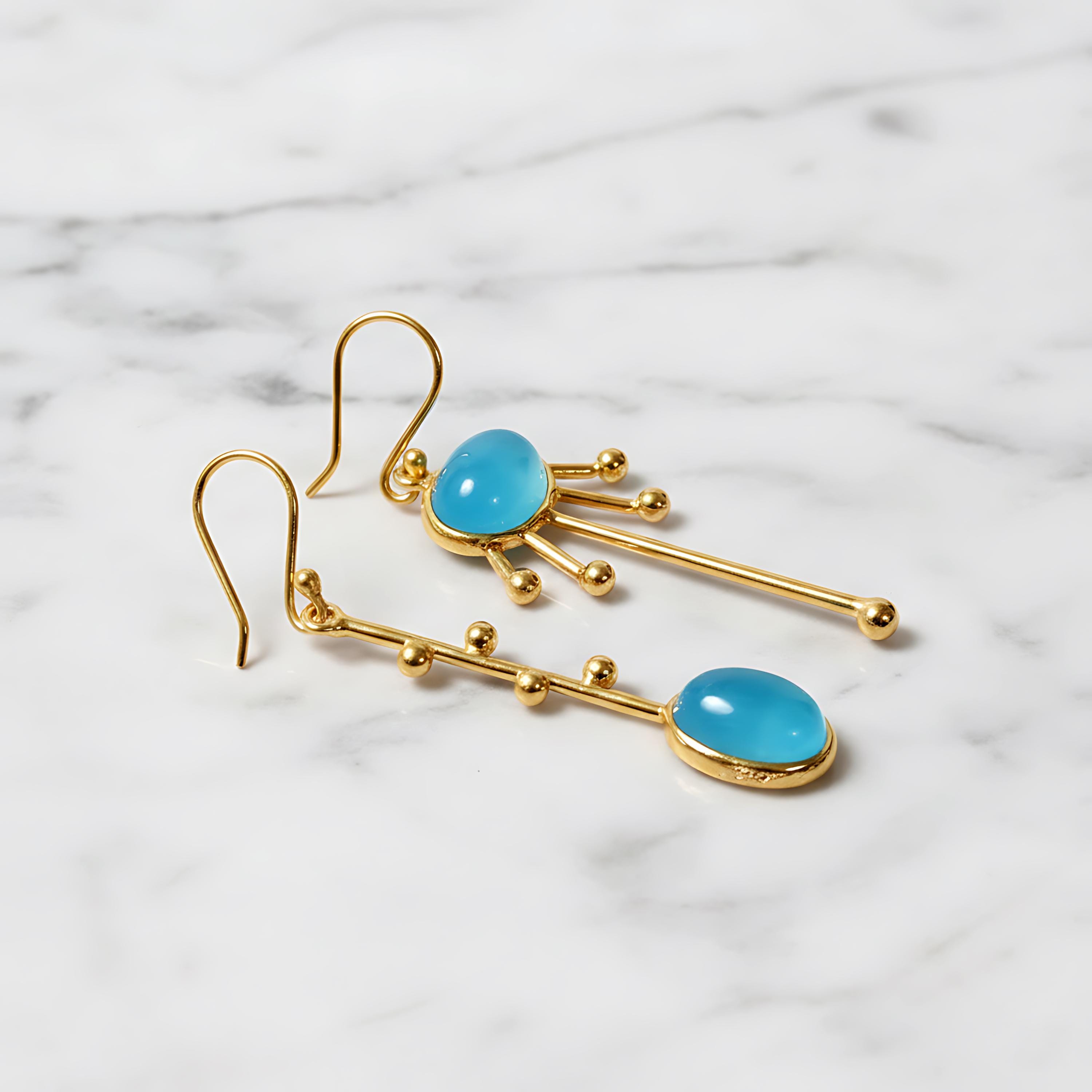 Natural Blue Chalcedony Dangle Earrings - Minimalist Brass Gemstone Jewelry