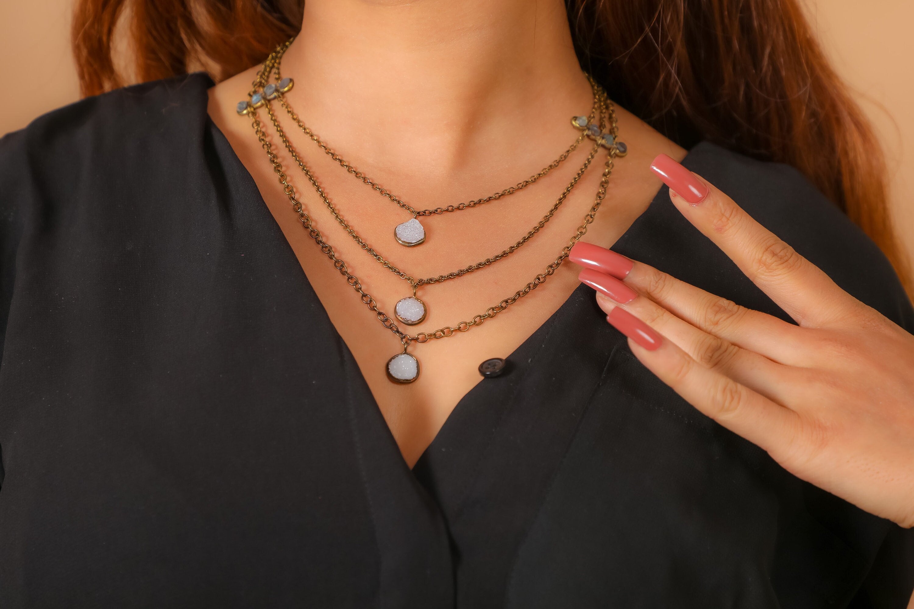 White Druzy Double Strand Necklace | Necklace Pendant | Love Necklace | Gift For Her | Gift For Women | Gemstone Necklace | Handmade Jewelry