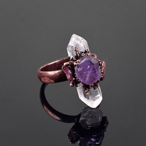 Ring natuurlijke kristaltoermalijn en amethist \ geëlektroformeerde ring \ boho-ringen \ edelsteenring \ handgemaakte sieraden \ minimalistische ring