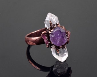 Natural Crystal Tourmaline & Amethyst Ring \ Electroformed Ring \ Bohemian Rings \ Gemstone Ring \ Handmade Jewelry \ Minimalist Ring