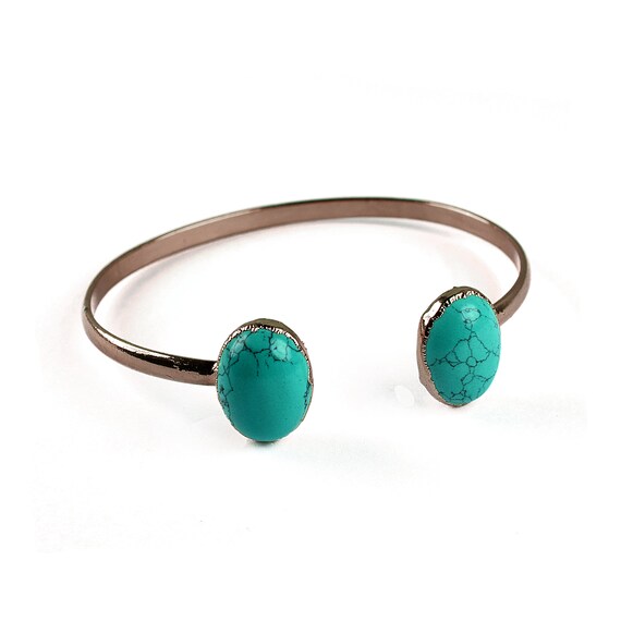 Turquoise Gemstone Cuff Bracelet – Adjustable Brass Open Bangle