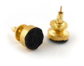 Natural Black Druzy Gemstone Earrings \ Push Back Stud \ Brass Earrings \ Boho Earrings \ Unique Earrings \ Womens Earring \ Stud Earrings