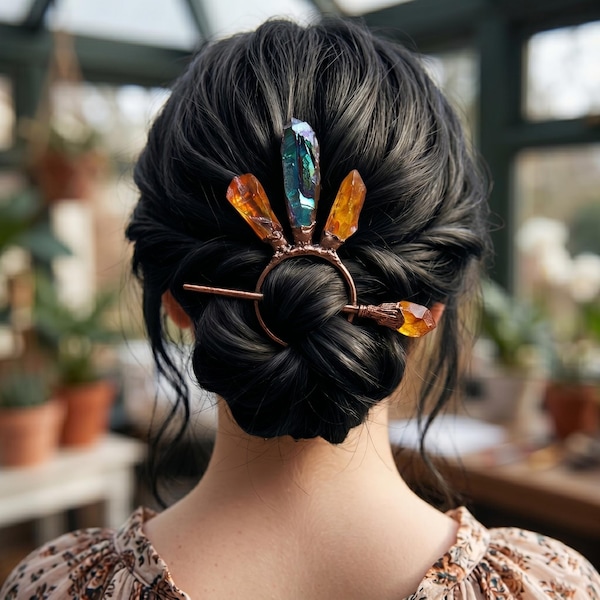 Orange Kristall Haarspange ""Mystic Quartz Pin"" ""Haarnadel"" ""Bronze"""
