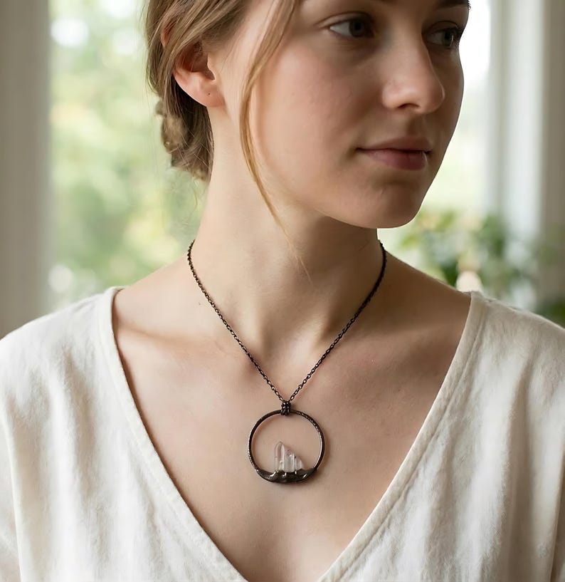 Natuurlijke kristallen edelsteen hanger ketting | Zwart geoxideerd koper, boho afbeelding 2
