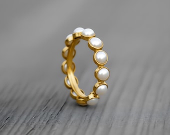 Natural Freshwater Pearl Eternity Band \ Gemstone Ring \ Channel Setting Ring \ Rings For Women \ Pearl Band \ Stackable Ring \ Gift For Her