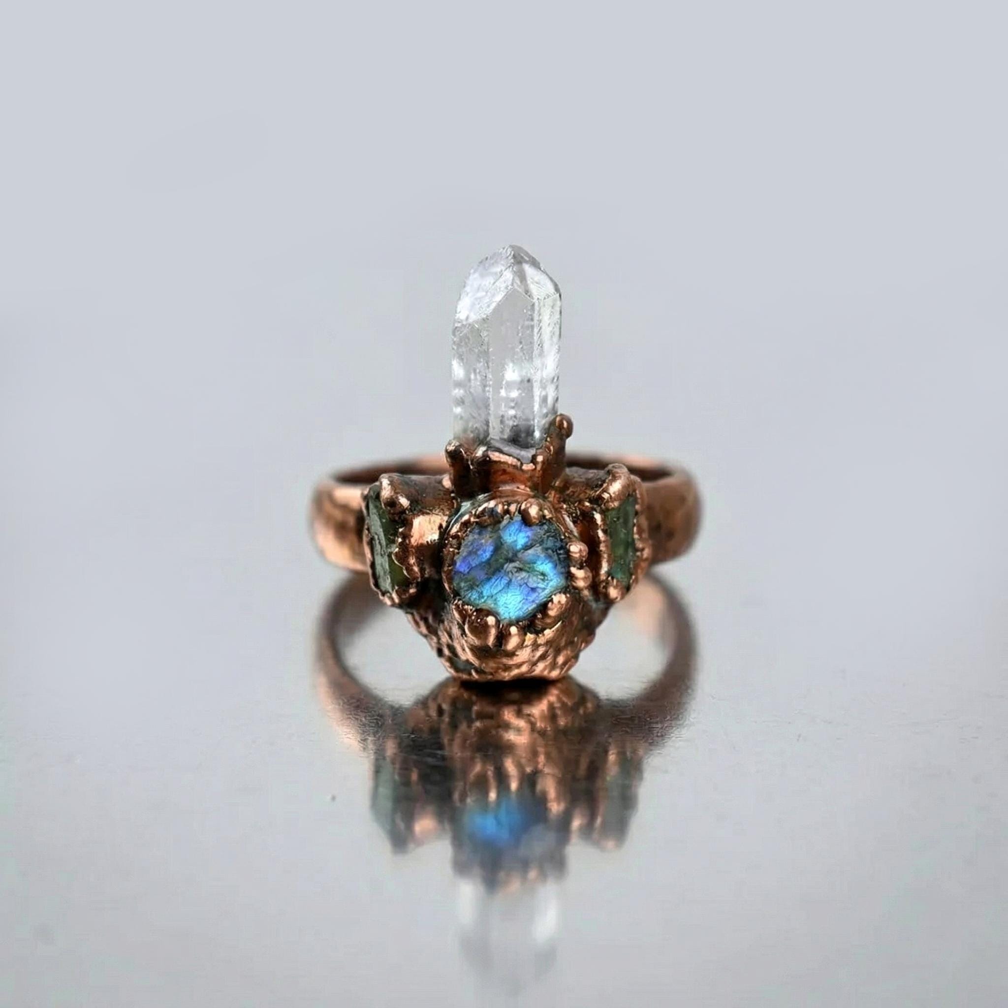 Raw Labradorite Crystal Ring - Copper Boho Statement Jewelry - Handmade Artisan Ring