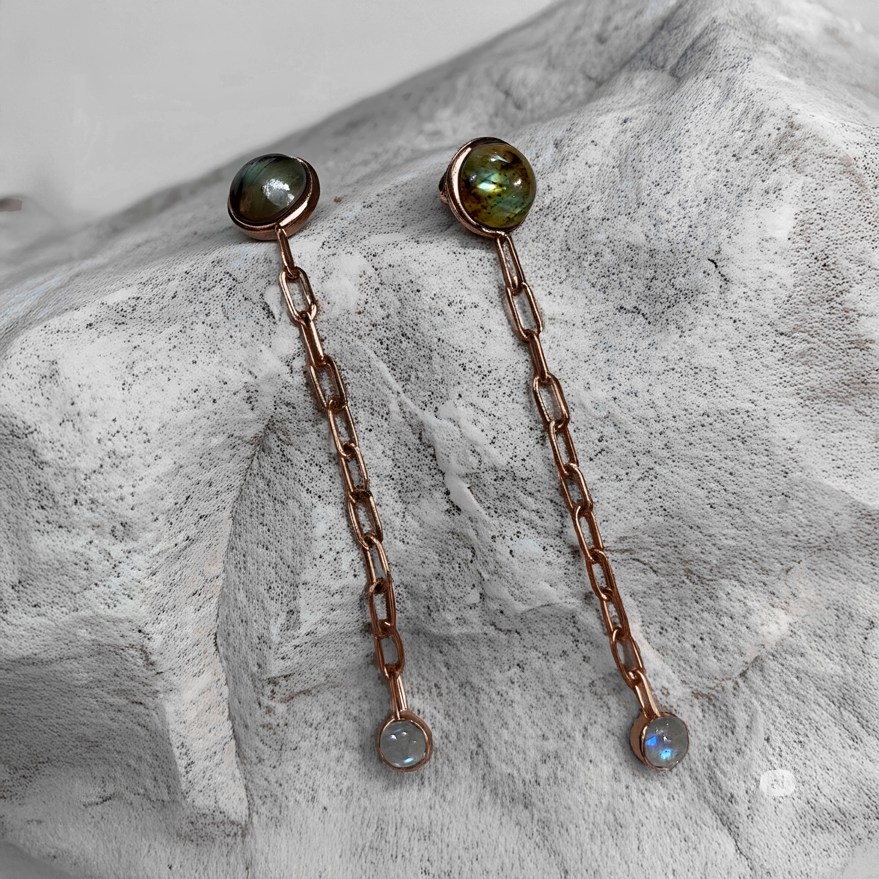天然ラブラドライト宝石イヤリング  ロングダングルイヤリング