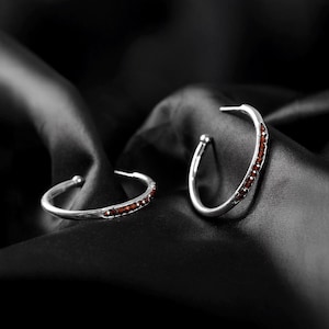 Custom Stone Hoop Earrings \ Multi Stone Earrings \ Minimalist Jewelry \ Gifts For Her \ Crescent hoops \ Garnet Earrings \ Decent Earrings