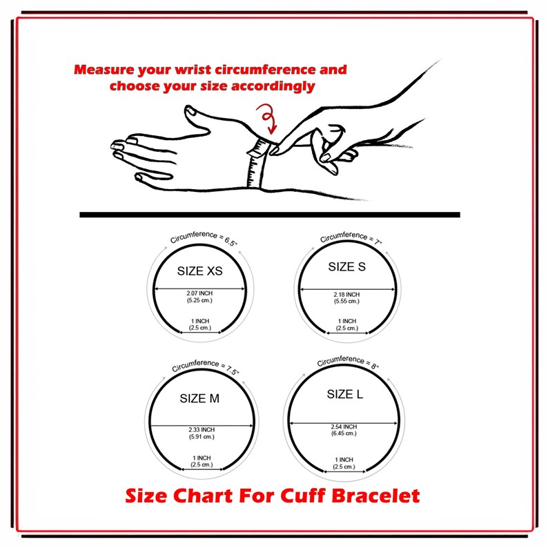 Op de afbeelding: Maattabel voor manchet armbanden, met polsomtrekmetingen in inches en centimeters voor maten XS, S, M en L.