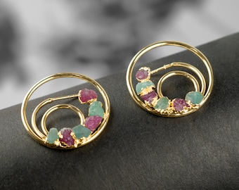 Natural Tourmaline & Apatite Gemstone Earrings \ Spiral Hoop Earrings \ Handmade Earrings \ Hoop Earrings \ Snake Earrings \ Boho Earrings