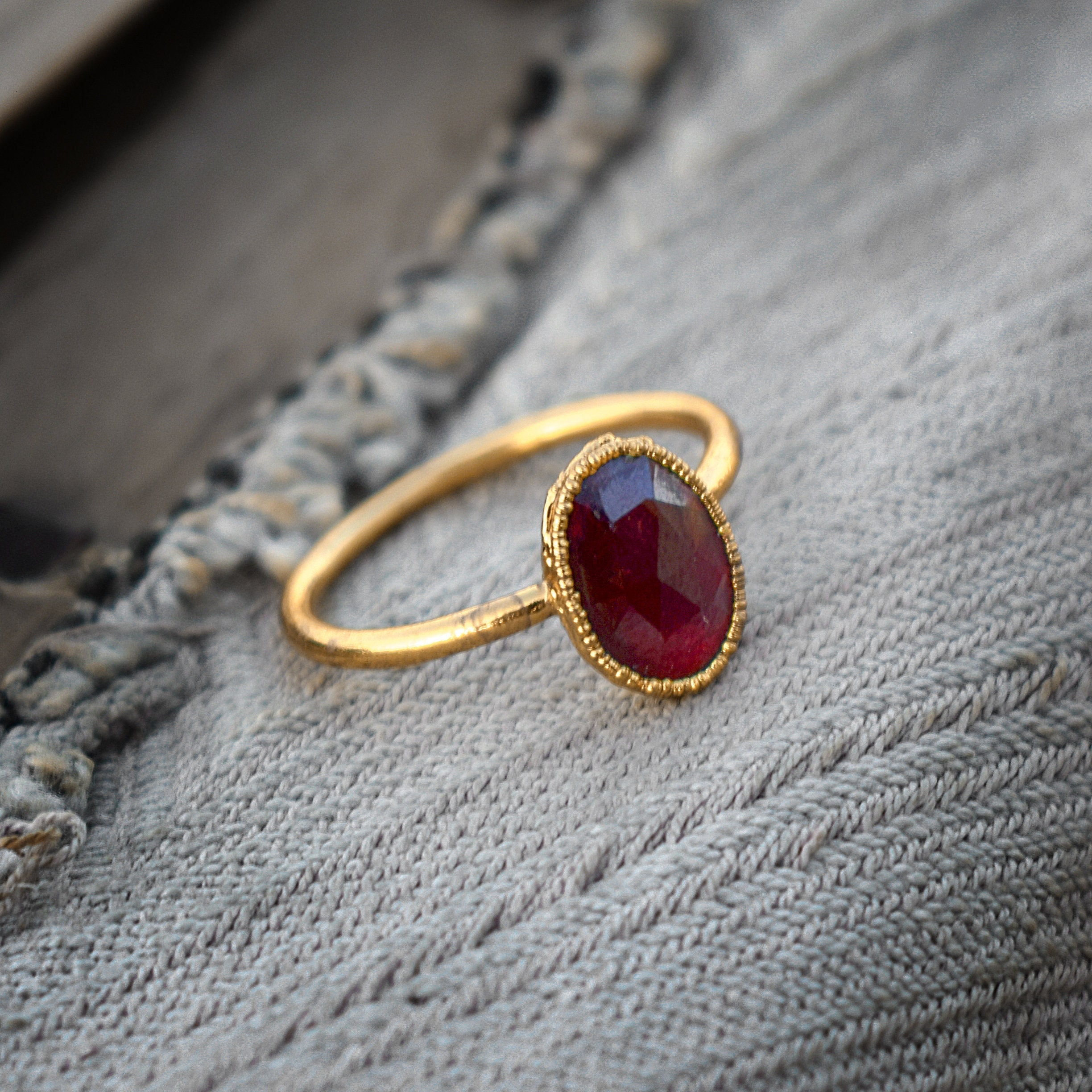 Red Garnet Three Stone Engagement Ring in Rose Gold Sorento