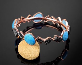 Tourmaline & Turquoise Cuff Bangle Bracelet | Raw Stone Bangle | Boho Bangle | Vintage Bracelet | Bangle For Women | Gemstone Bracelet