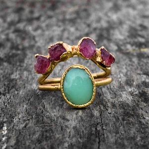 Natural Chalcedony & Ruby Gemstone ring Boho Rings Double Band Ring Antique Rings Birthstone Ring Wedding Ring Statement Ring Gold Polish